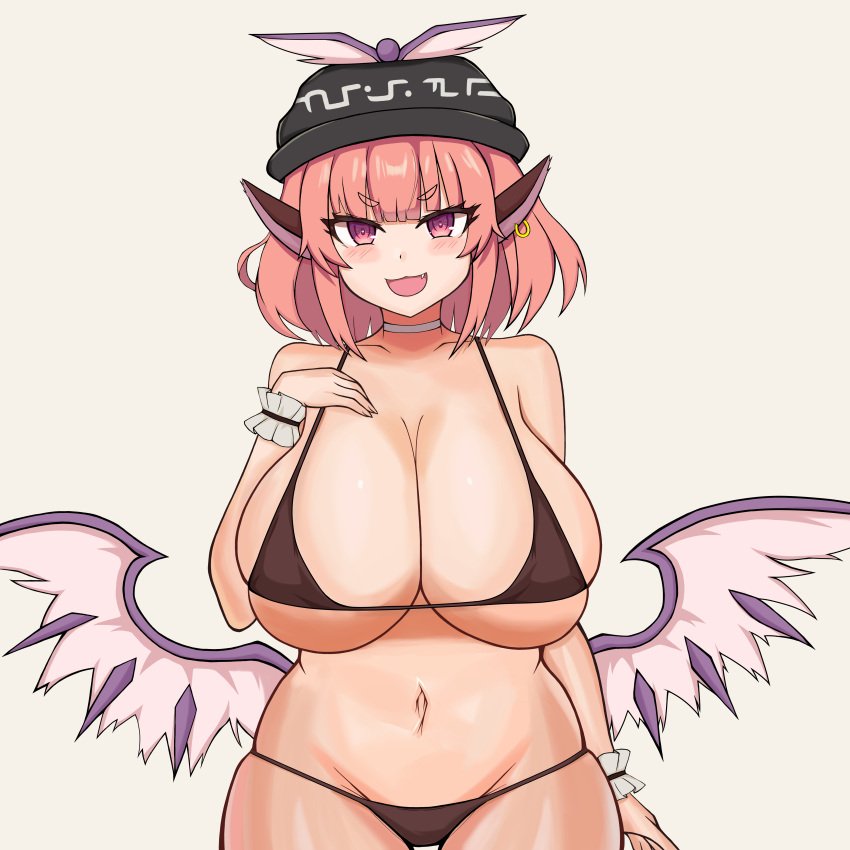 :d absurdres animal_ears bare_shoulders bikini bird_wings blush breasts choker collarbone earrings female hand_on_own_chest hat highres huge_breasts jewelry looking_at_viewer micro_bikini mystia_lorelei navel ody_kishi oerba_yun_fang open_mouth pink_eyes pink_hair short_hair single_earring smile solo swimsuit thighs touhou v-shaped_eyebrows wings