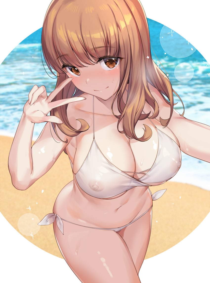 1girls armpits bangs bare_arms beach big_breasts bikini breasts brown_eyes clavicle cleavage closed_mouth clothing cowboy_shot curvaceous curvy facing_viewer female female_only girls_und_panzer glistening halter_top halterneck hand_up icomochi ikomochi large_breasts lens_flare looking_at_viewer looking_up lowleg_bikini navel nipples nipples_visible_through_clothing orange_hair outdoors peace_sign photo_background selfie side-tie_bikini smile smiling smiling_at_viewer solo solo_female solo_focus stomach sweat swimsuit takebe_saori thighs transparent_clothing underboob water_drop wet white_bikini white_clothing white_swimsuit