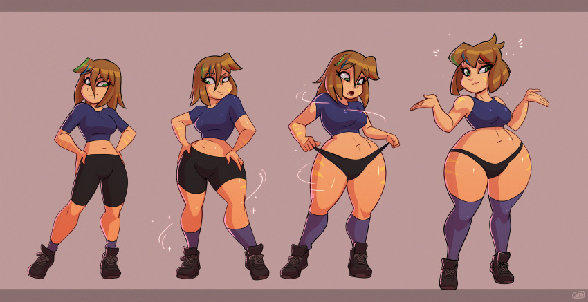 breasts brown_hair crop_top green_eyes hip_expansion medium_breasts medium_hair rika_dimensional_ninja shoes shorts shrug socks spats thick_thighs thigh_expansion transformation transformation_sequence trina_biggs voluptuous wide_hips