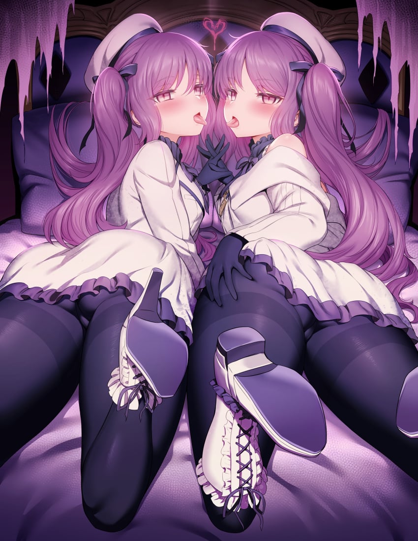 2girls after_kiss ass ass_focus bangs bare_shoulders black_gloves black_legwear black_pantyhose blush boots breasts clothing euryale euryale_(fate) fate/grand_order fate/hollow_ataraxia fate_(series) female female_only footwear gloves goddess hand_on_ass hat headwear heels high_resolution holding_hands jacket large_filesize legwear long_hair looking_at_viewer looking_back m-da_s-tarou on_bed on_stomach open_mouth paid_reward pantyhose parted_bangs petite purple_eyes purple_hair shirt sidelocks sisters stheno stheno_(fate) thick_thighs thighs tied_hair tongue tongue_out twins twins_(lore) twintails very_high_resolution white_headwear white_jacket white_skirt yuri