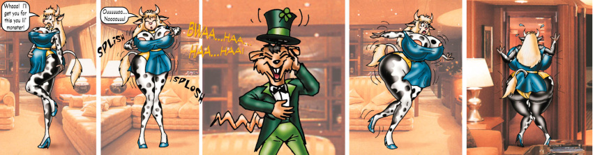 2000 anthro ass_expansion bovine breast_expansion comic cow_girl dialogue fuusenroba inflation leprechaun leprechaun_(series) rat stuck_in_door tagme