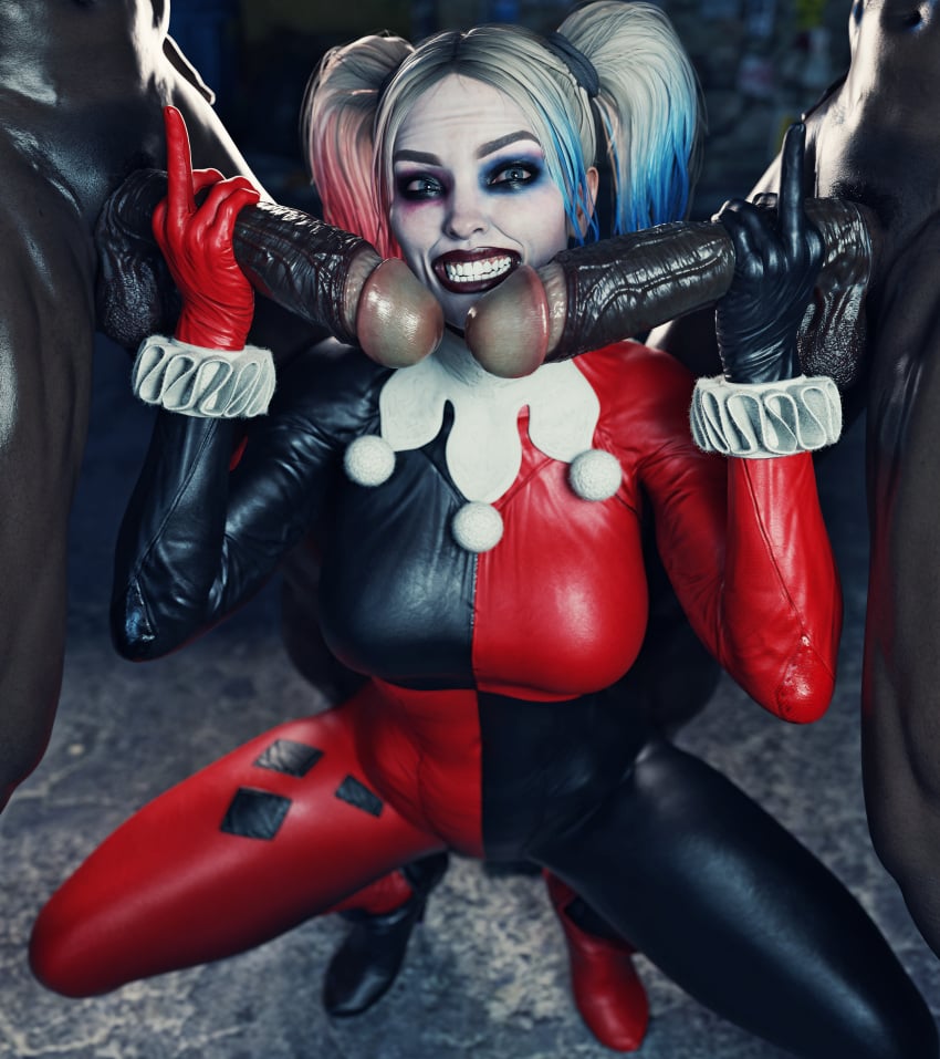 1girls 2boys 2boys1girl 3d 3d_(artwork) batman_(series) blonde blonde_female blonde_hair blue_eyes cfnm completely_nude dark-skinned_male dark_skin dc dc_comics flipping_off fully_nude handjob harley_quinn harley_quinn_(classic) harley_quinn_(injustice) holding_penis injustice_2 interracial light-skinned_female light_skin male male/female middle_finger multiple_boys nude_male nudity pale-skinned_female pale_skin partial_male pigtails roriori smiling veiny_penis