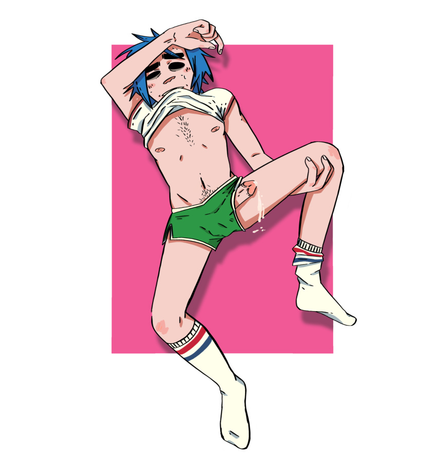 2d 2d_(gorillaz) black_eyes blue_hair bottom cock cum cumming gorillaz male male_only masculine mini_short socks solo sweat