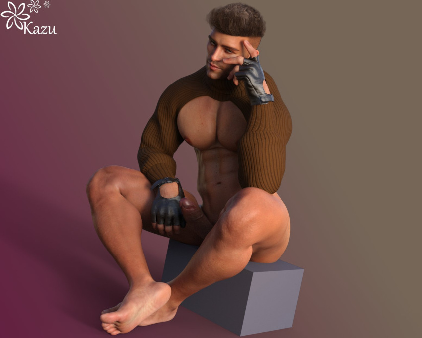 1boy 1human 3d 3d_(artwork) 3d_model abs bara bara_tiddies bara_tits bored bored_expression erect_penis erection fingerless_gloves kazuworks looking_at_viewer male male_focus male_only muscles muscular muscular_male oc original original_character pecs skimpy_topwear solo solo_focus solo_male