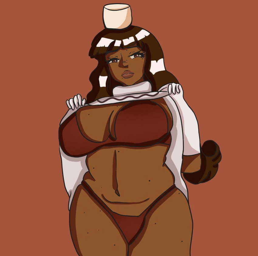 beauty_mark beauty_mark_on_breasts bra brown_hair brown_skin chubby_female cocoa_cookie dark_skin huge_breasts large_breasts panties stomach winter_clothes