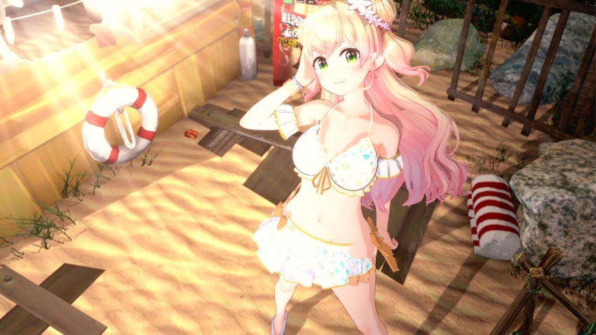 1girls 3d beach belly_button bikini blonde_hair blush breasts double_bun green_eyes hair_buns hololive hololive_gen_5 hololive_japan koikatsu long_hair looking_at_viewer momosuzu_nene thatvincent virtual_youtuber vtuber white_bikini