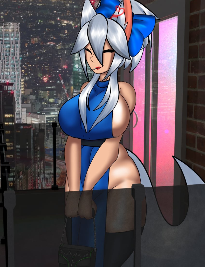 1female animal_ears big_ass big_breasts big_butt big_thighs blue_dress blue_ribbon green_eyes lips lipstick mina_(tsn11) purse silver_hair silver_tail standing tail tan_body thick thick_ass thick_hips thick_legs thick_tail thick_thighs thigh_highs thigh_socks thighhighs thighs unsuspecting yunaka