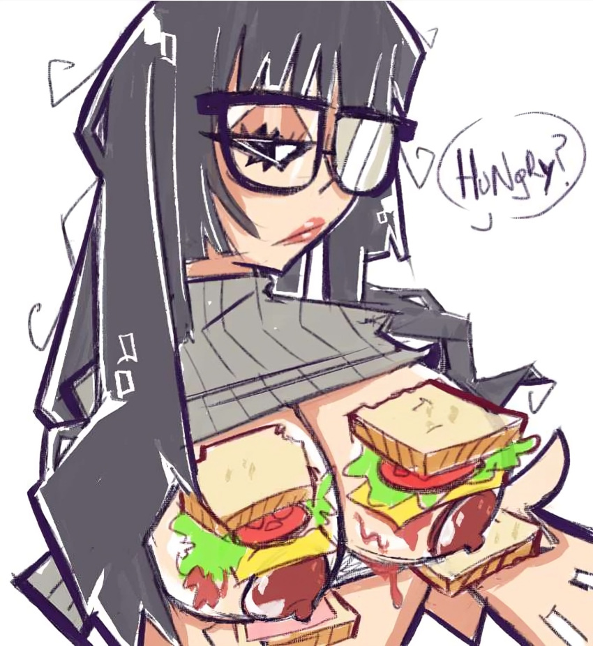 big_breasts big_nipples black_hair boob_burger clothed clothed_female demonbloodpal female food food_on_body food_on_breasts food_play girl glasses messy_hair sandwich_(food) sweater text your_order_is_ready_(meme)