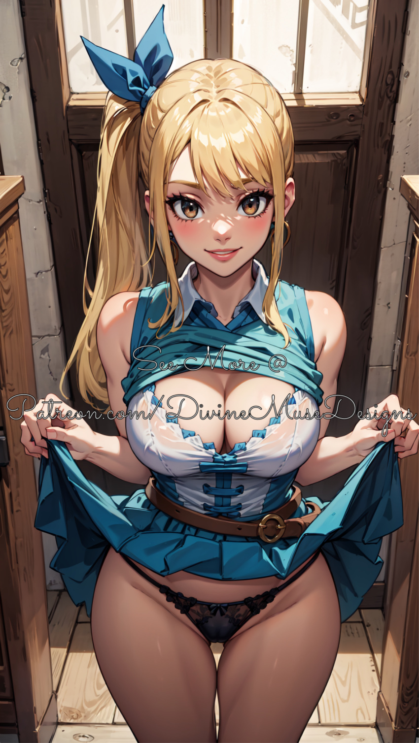 ai_generated bare_legs barelegs blue_hairband brown_eyes divine_muse_designs fairy_tail female_only lucy_heartfilia patreon safe_for_work shirt_lift skirt_lift smile stable_diffusion thigh_gap watermark yellow_hair