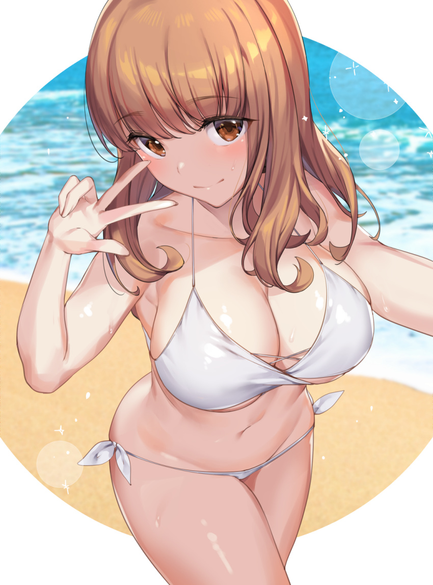 1girls armpits bare_arms beach big_breasts bikini breasts brown_eyes clavicle cleavage closed_mouth clothing cowboy_shot female female_only girls_und_panzer halter_top halterneck hand_up icomochi ikomochi large_breasts looking_at_viewer looking_up navel orange_hair peace_sign selfie side-tie_bikini smile smiling smiling_at_viewer solo solo_female solo_focus stomach swimsuit takebe_saori thighs white_bikini white_clothing white_swimsuit