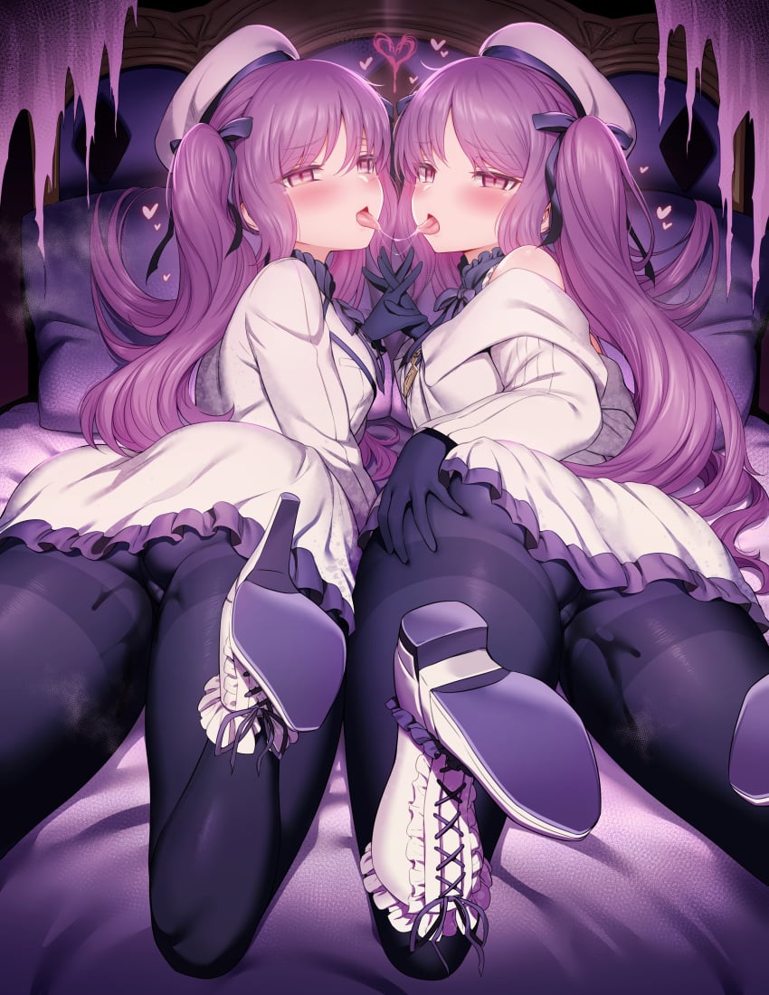 2girls after_kiss ass ass_focus bangs bare_shoulders black_gloves black_legwear black_pantyhose blush boots breasts clothing euryale euryale_(fate) fate/grand_order fate/hollow_ataraxia fate_(series) female female_only footwear gloves goddess hand_on_ass hat headwear heart hearts_around_head heels high_resolution holding_hands horny horny_female in_heat incest jacket large_filesize legwear long_hair looking_at_viewer looking_back m-da_s-tarou on_bed on_stomach open_mouth paid_reward pantyhose parted_bangs petite purple_eyes purple_hair pussy_juice pussy_juice_drip_through_clothes pussy_juice_stain saliva saliva_trail shirt sidelocks sisters stheno stheno_(fate) thick_thighs thighs tied_hair tongue tongue_out twins twins_(lore) twintails vaginal_juice_stain vaginal_juices very_high_resolution white_headwear white_jacket white_skirt yuri