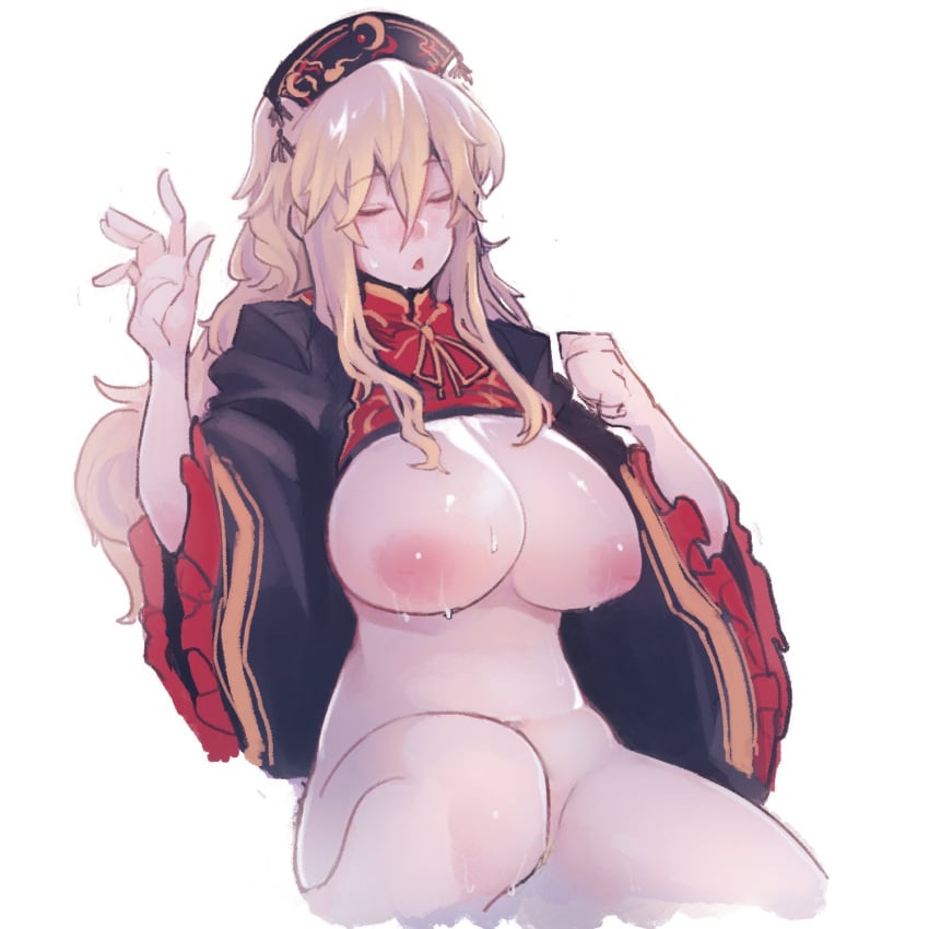 arm_up blonde_hair blush breasts chinese_clothes clothing crescent_print cropped_legs eyelashes female gold_trim hair_between_eyes headdress highres inverted_nipples junko_(touhou) large_areolae large_breasts lifted_by_self long_hair long_sleeves mature_female milf navel neck_ribbon no_bra no_panties nyong_nyong open_mouth phoenix_crown ribbon sidelocks simple_background solo stomach sweat sweatdrop symbol-only_commentary tabard touhou white_background wide_sleeves yellow_ribbon