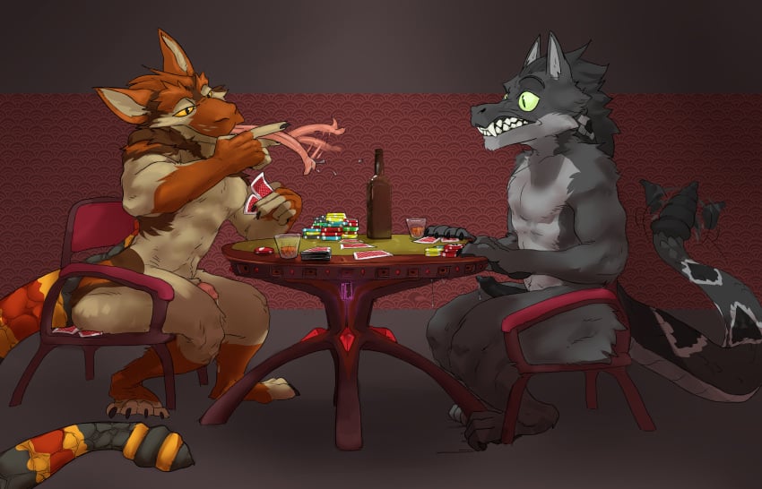 absurd_res anthro bet bethesda_softworks betting_ass canid canine canis card card_game clothing coyote digital_media_(artwork) duo erection fallout fur furniture gaming genitals hair hi_res hybrid krit male male/male mammal night_stalker_(fallout) nude penis pit_viper playing_card poker poker_chip poker_table reptile scalie simple_background smile snake table tail teeth tongue