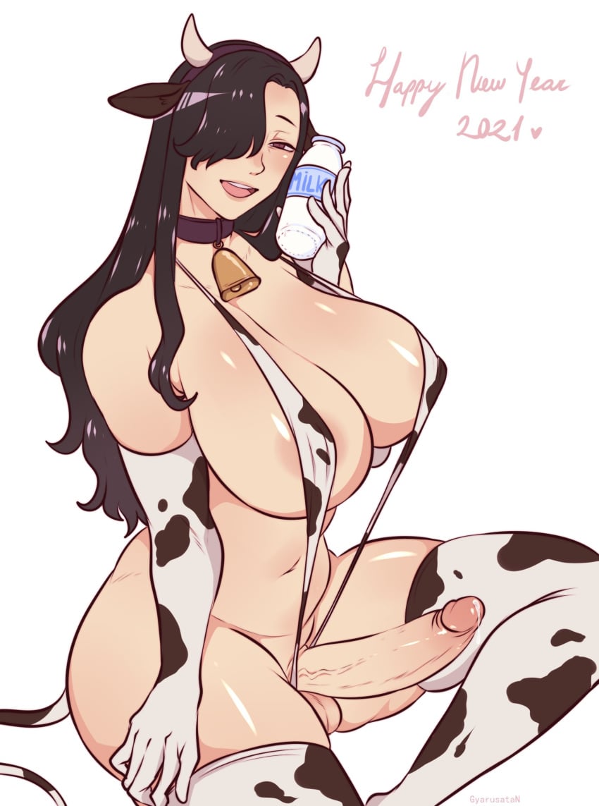 1futa 2021 balls black_hair breasts cleavage cow_print dickgirl elbow_gloves erection futa_only futanari gloves gyarusatan hair_over_one_eye huge_breasts human long_hair milk_bottle mostly_nude new_year pale_skin penis precum sitting skindentation sling_bikini solo suzue_(gyarusatan) text thick_thighs thighhighs wide_hips year_of_the_ox