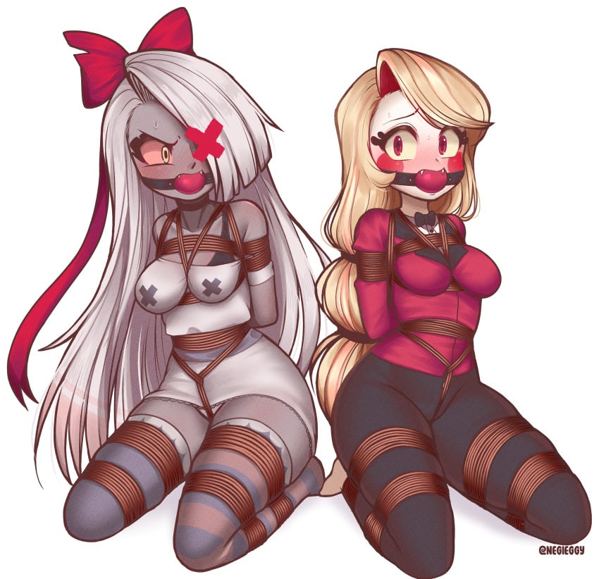 2girls angry arms_behind_back ball_gag blonde_female blonde_hair blush bondage bound_breasts bow bowtie bra_strap charlie_morningstar_(hazbin_hotel) choker crotch_rope fangs female femsub frogtie gag gagged hairbow hazbin_hotel kneeling multiple_girls multiple_subs negieggy no_background off-shoulder_dress rope rope_bondage sweatdrop vaggie_(hazbin_hotel) white_hair white_hair_female worried