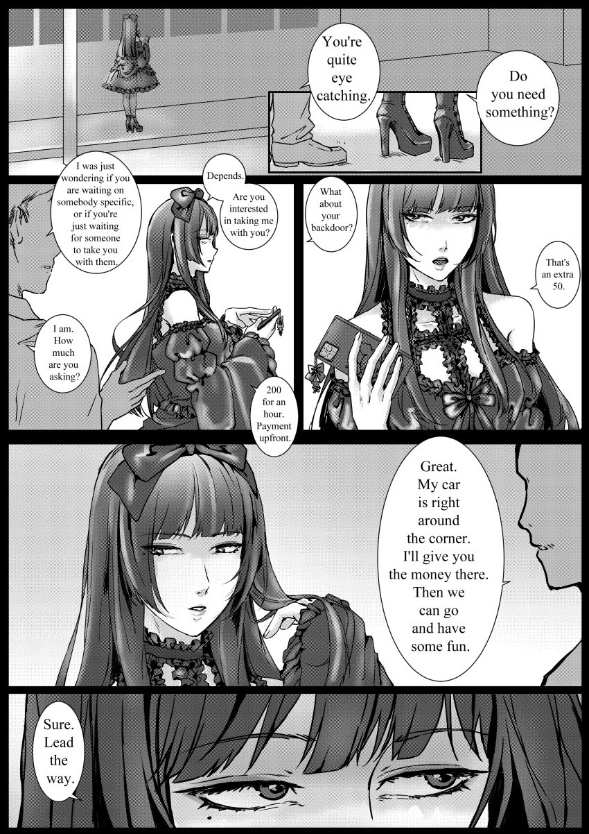 1boy 1girls bare_shoulders black_hair blunt_bangs bow bow_ribbon choker comic comic_page commission dialogue dress english_dialogue english_text eyebrows_visible_through_hair eyelashes eyeliner frilled_dress frilled_skirt frilled_sleeves frills goth goth_girl gothic gothic_girl gothic_lolita high_heels hime_cut lipstick lolita_fashion long_hair makeup medium_breasts mole mole_under_eye monochrome negotiations night ninnikuchan original phone prostitution sex_worker standing straight_hair street talking uncensored whore