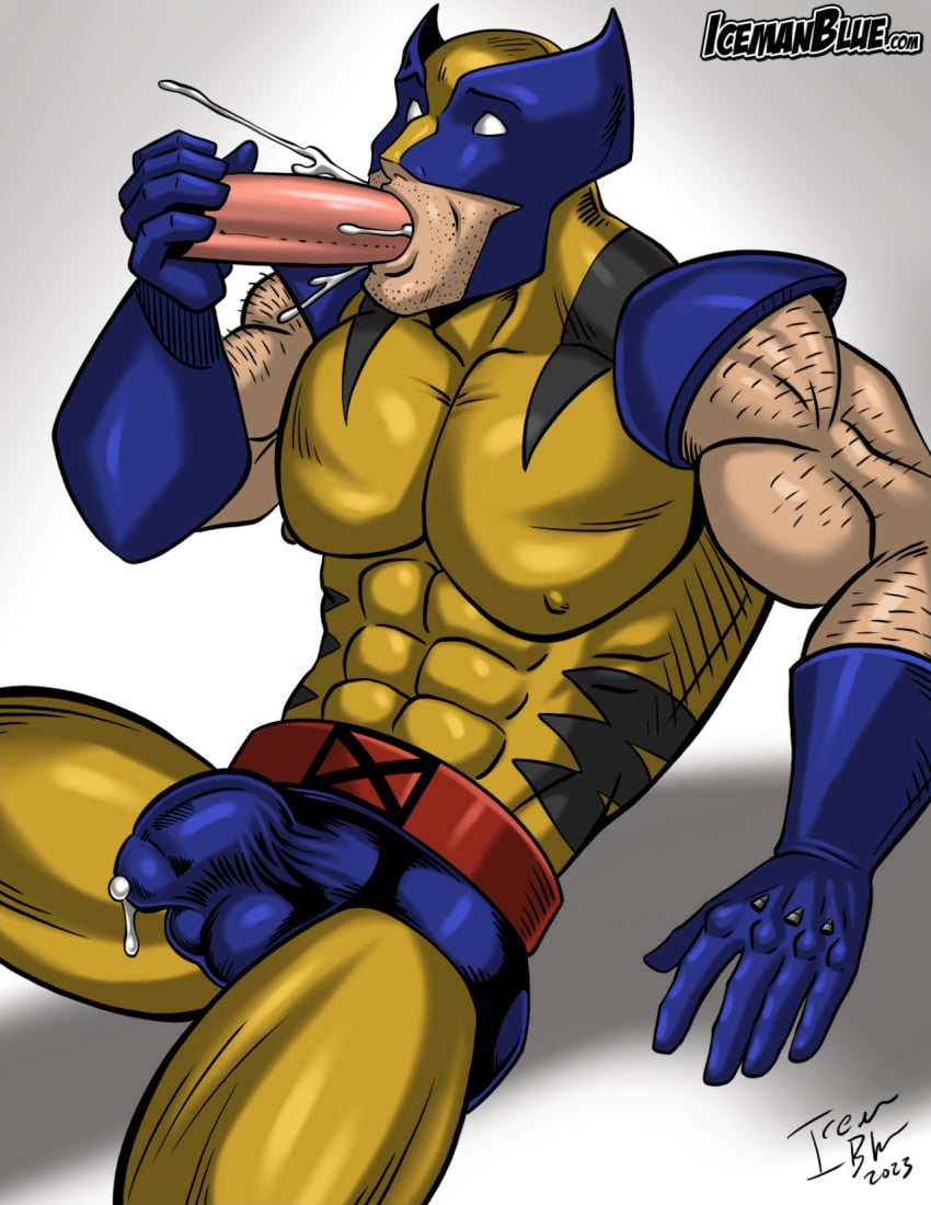 1boy clothed cum erection erection_under_clothes gay icemanblue male male_only marvel marvel_comics muscular muscular_male pecs penis precum sex_toy solo solo_focus sucking wolverine_(x-men) x-men yaoi