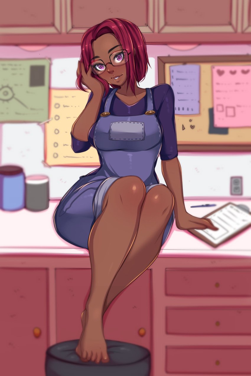 5-ish art_edit big_breasts breasts breasts_out cute dark-skinned_female female female_focus fiveish glasses maru_(stardew_valley) purple_eyes red_hair solo stardew_valley wafflebroz