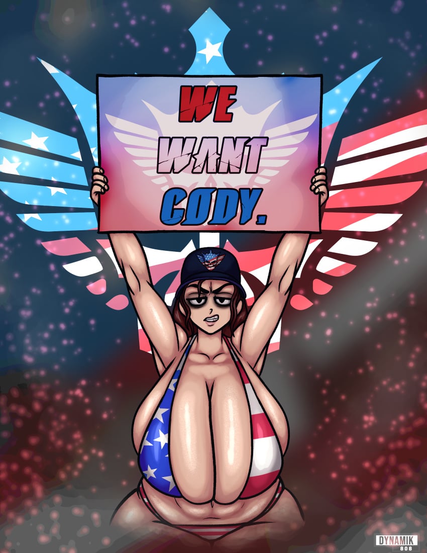 1girls american_flag_bikini armpits arms_up big_breasts bikini breasts breasts_bigger_than_head brown_hair busty cleavage dynamik808 female female_only hat huge_breasts large_breasts looking_at_viewer massive_breasts sign solo text thick_thighs wide_hips wwe