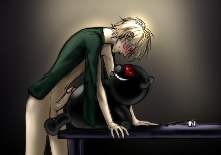 2boys bear danganronpa danganronpa:_trigger_happy_havoc dirty_blonde_hair erection gay gay_sex human human_on_anthro male male_only monokuma non-human penis robot sex_on_table size_difference togami_byakuya toony yaoi