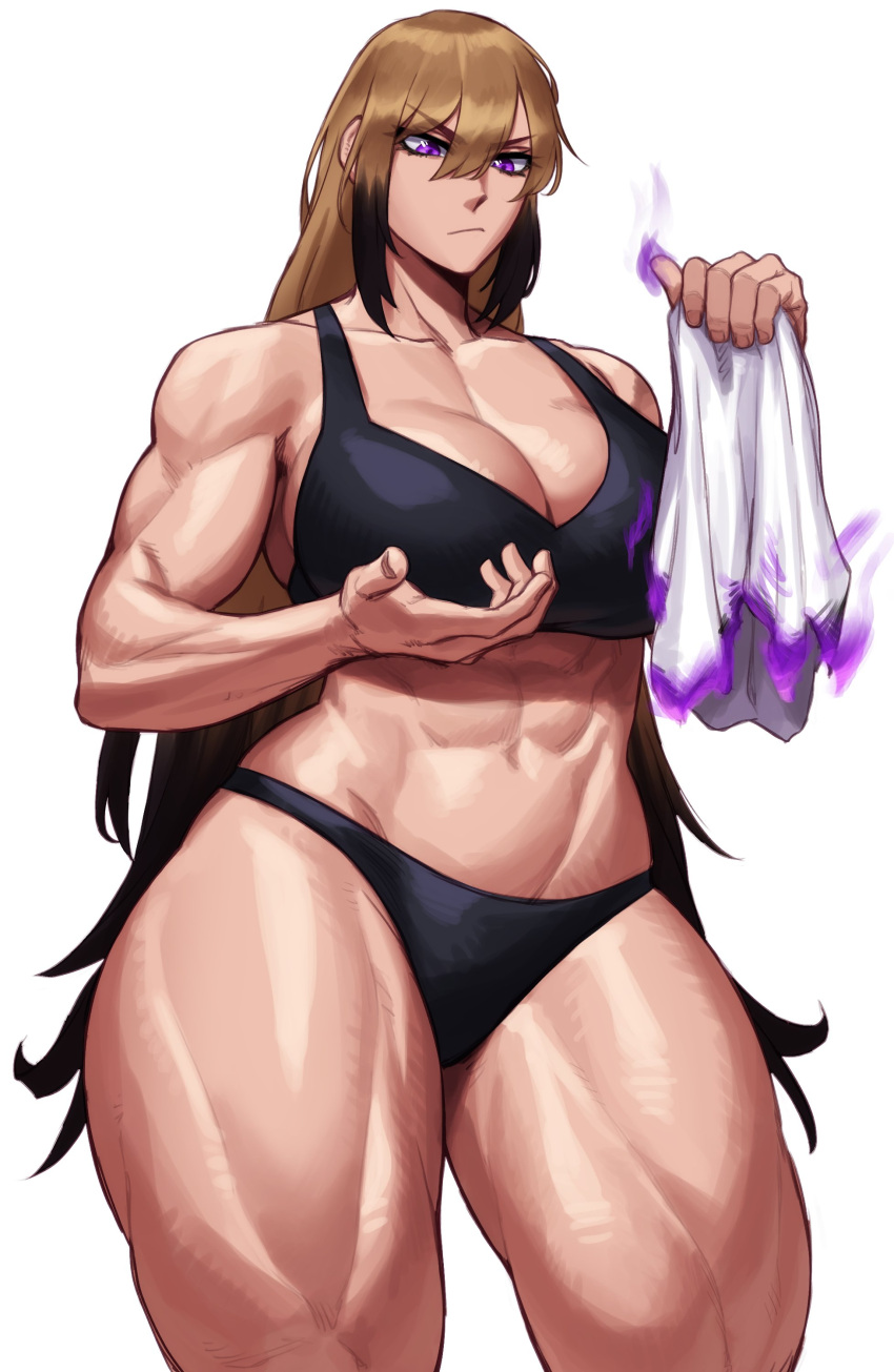 1girls abs absurd_res biceps black_bra black_hair black_panties bra breasts cleavage commission dirty_blonde_hair fire hi_res holding_object huge_breasts multicolored_hair muscular muscular_arms muscular_female original panties purple_eyes simple_background solo sotcho thick_thighs underwear white_background