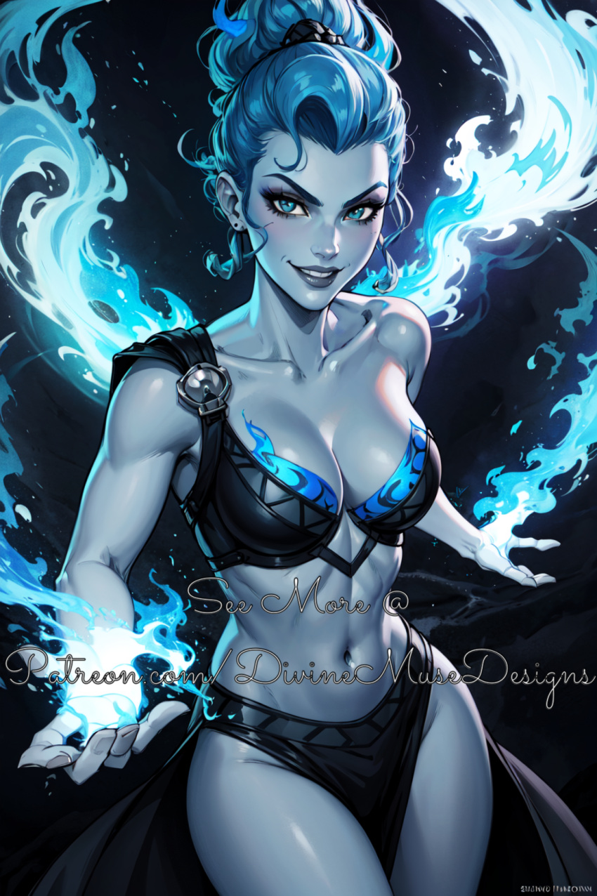 ai_generated blue_eyes blue_hair cleavage disney divine_muse_designs goddess greek_bikini greek_clothes grey_body hades hercules_(disney) patreon smile split_dress watermark