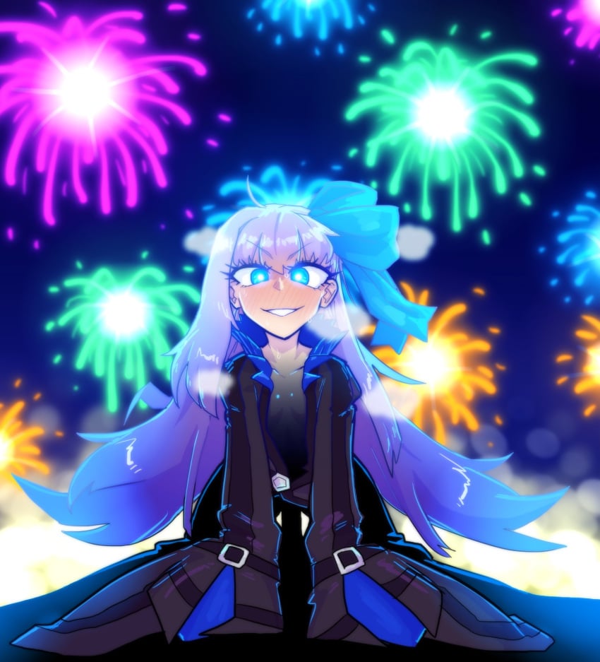 bangs blue_eyes blue_ribbon blush buckle fate/extra fate/extra_ccc fate_(series) female fireworks glowing glowing_eyes hair_ribbon high_collar highres implied_sex long_hair looking_at_viewer meltryllis penis purple_hair ribbon sleeves_past_wrists smile solo thetenk very_long_hair