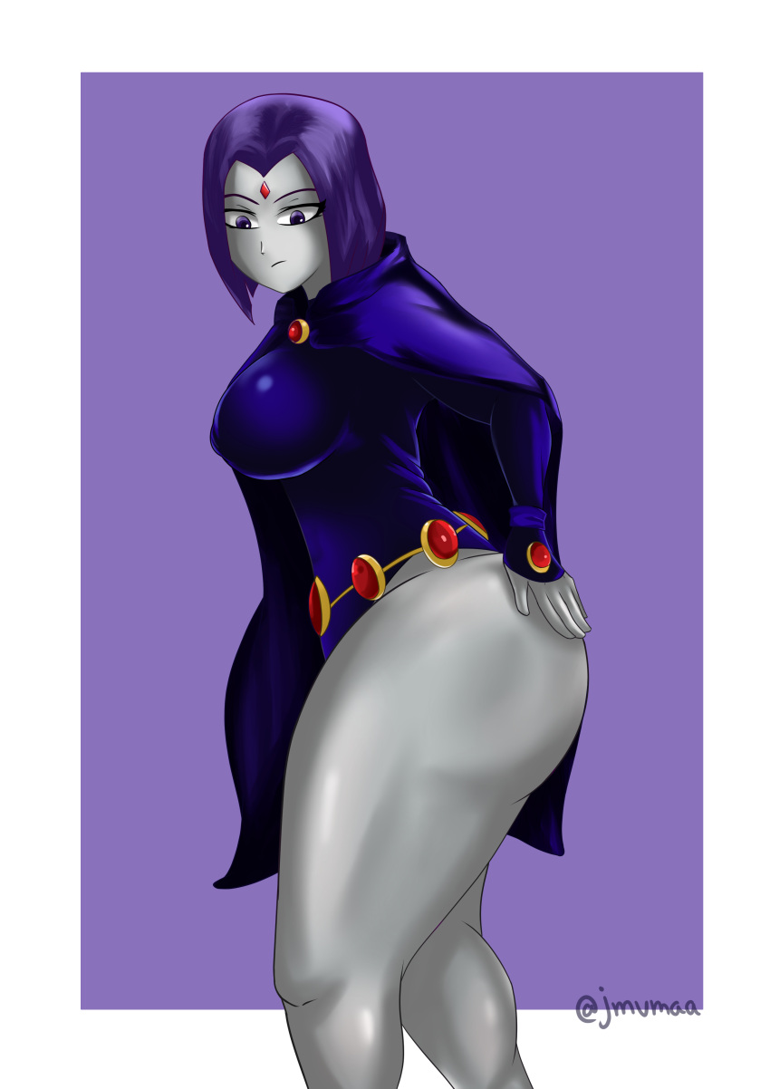 1girls ass ass_grab big_ass big_breasts breasts cape dc dc_comics eyebrows female female_only forehead_jewel grey_skin hand_on_ass jmvmaa leotard long_sleeves pale-skinned_female pale_skin purple_background purple_eyes purple_hair rachel_roth raven_(dc) serious side_view sideboob smooth_skin solo solo_female teen_titans thick_thighs thighs tight_clothes tight_clothing tight_shirt white_border