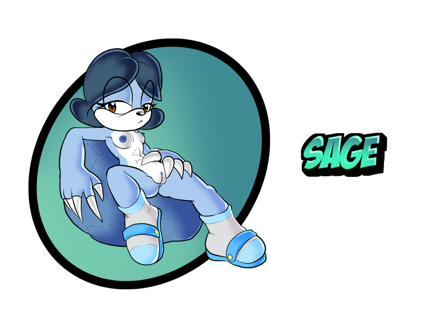 anthro bean_bag blue_body blue_fur blue_nipples breasts brown_eyes claw_fingers claws clothing fan_character female footwear fours_(artist) fur genitals hi_res looking_at_viewer mammal nipples pilosan pussy sage_the_sloth sandals sitting sloth slouching small_breasts socks solo sonic_(series) sonic_the_hedgehog_(series) xenarthran