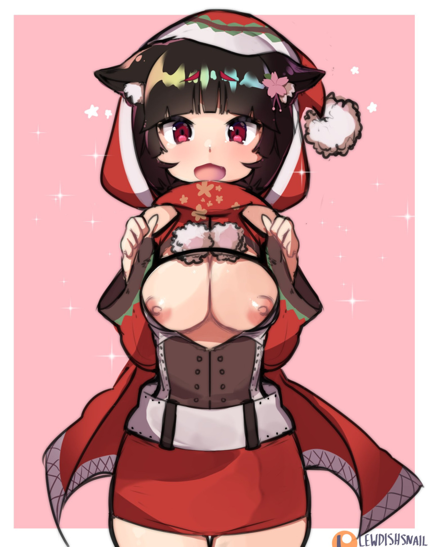 azur_lane bangs big_breasts black_hair boat bob_cut breasts cape cat_ears cat_girl christmas christmas_outfit colored_sketch exposed_breasts exposed_shoulders female flower_in_hair hair_highlights hair_ornament highres lewdishsnail nipples santa_hat short_hair sketch solo straight_bangs yamashiro_(azur_lane)