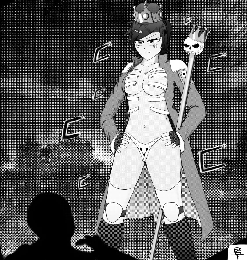 2spooky4me boots bottomless comic crown dialog fingerless_gloves halloween jack_woods jacket_open jackie_woods monochrome_background naked power_pose rule_63 skeleton staff ゴゴゴゴゴ