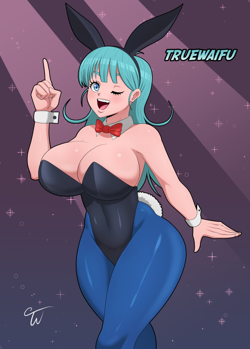 1girls big_breasts big_thighs blue_pantyhose bowtie breasts bulma_(bunny) bulma_briefs bunny_costume bunny_ears bunny_girl bunny_tail bunnysuit clothed clothing detached_collar dragon_ball dragon_ball_(classic) eyelashes female female_only one_eye_closed shounen_jump solo solo_female teenager truewaifu wink wrist_cuffs