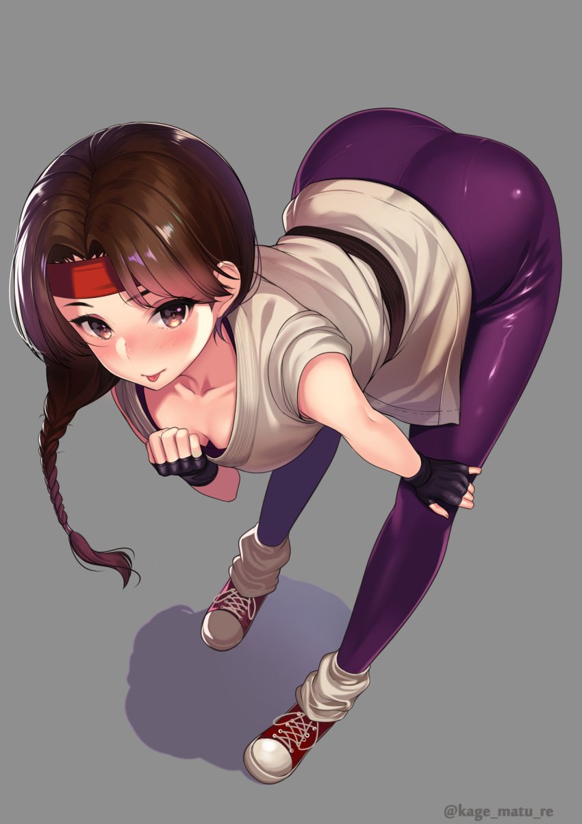 1girls :p artist_name ass bangs black_gloves blush braid breasts brown_eyes brown_hair clothes_pull collarbone dougi female female_only fingerless_gloves from_above full_body gloves grey_background hand_on_own_knee headband highres japanese_clothes kagematsuri king_of_fighters leggings looking_at_viewer loose_socks pants pantylines parted_bangs purple_pants shadow shiny shiny_clothes shirt shoes simple_background single_braid sleeveless sleeveless_shirt small_breasts sneakers snk solo spandex standing tight_pants tongue tongue_out twitter_username uniform yoga_pants yuri_sakazaki