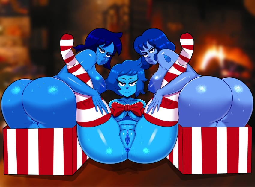 3girls anus areolae ass big_ass big_breasts blue_hair blue_skin bottom_heavy breasts cartoon_network christmas coldarsenal crystal_thots eye_contact fat_ass female freckles gem_(species) gift_box high_resolution huge_ass lapis_lazuli_(gem) lapis_lazuli_(steven_universe) large_ass looking_at_viewer mean_lapis multiple_girls nice_lapis nipples pussy red_and_white_stockings shiny_skin steven_universe stockings striped_legwear striped_stockings sweat thick_ass triangular_anus