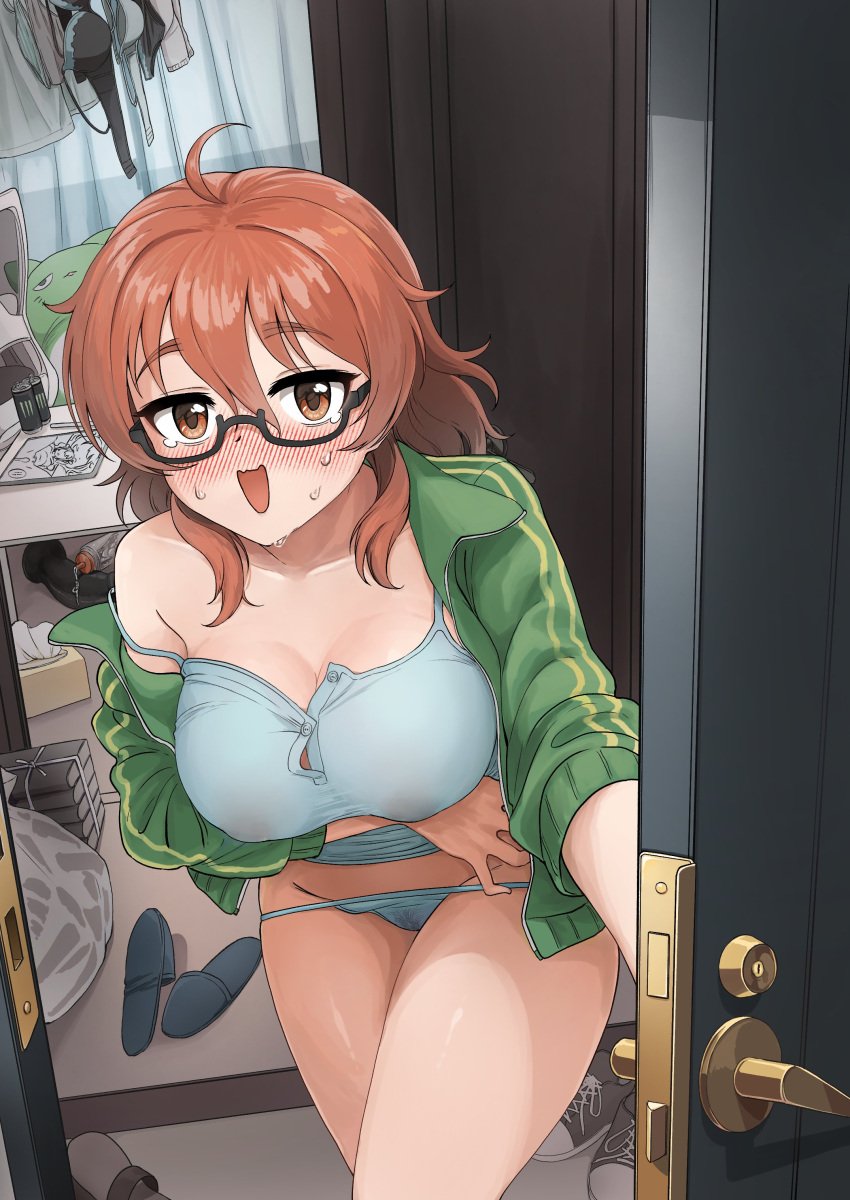 1girls absurdres although_she_hurriedly_put_on_clothes answering_door araki_hina black-framed_eyewear black_bra blue_panties blush bra breasts can caught clothed_after_sex covered_nipples curtains dildo door drawing_tablet eyebrows_visible_through_hair female female_only female_pubic_hair glasses hair_between_eyes highres idolmaster idolmaster_cinderella_girls jacket large_breasts lube monster_energy open_mouth opening_door orange_hair panties pina_korata pov_doorway pubic_hair sex_toy shoes sneakers solo striped striped_panties stylus sweat sweatdrop tissue_box trash trash_bag underwear ushimochi wet white_bra