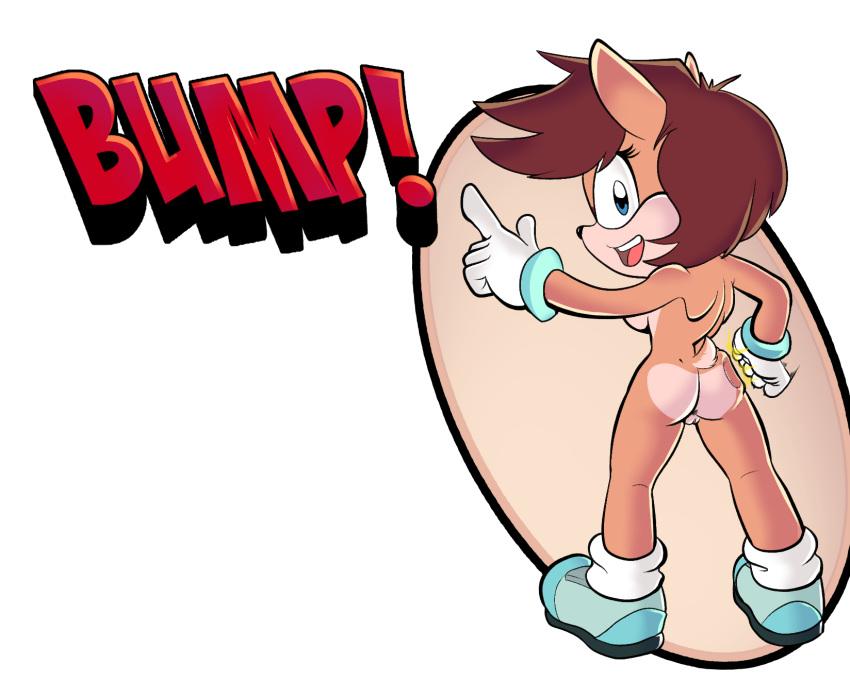 anthro blue_eyes breasts brown_hair bump_the_deer cervid clothing female footwear fours_(artist) fur genitals gesture gloves hair handwear hi_res looking_back mammal mostly_nude pointing pussy rear_view shoes side_boob slapping_ass socks solo sonic_(series) sonic_the_hedgehog_(series) tan_body tan_fur wrist_cuff