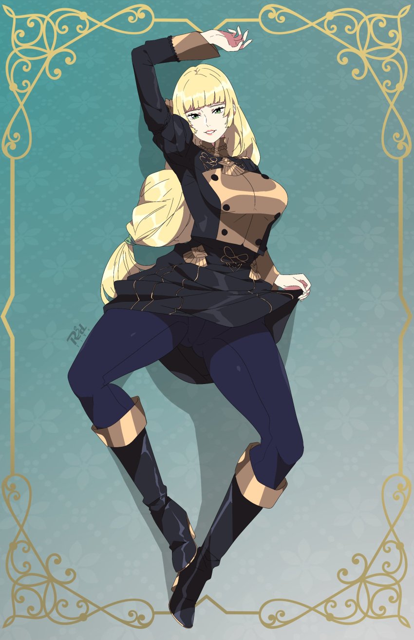 1girls ass_visible_through_thighs blonde_hair braid breasts female female_only fire_emblem fire_emblem:_three_houses garreg_mach_monastery_uniform green_eyes ingrid_brandl_galatea large_breasts long_hair looking_at_viewer nintendo on_back r3dfive solo spread_legs very_long_hair yellow_hair