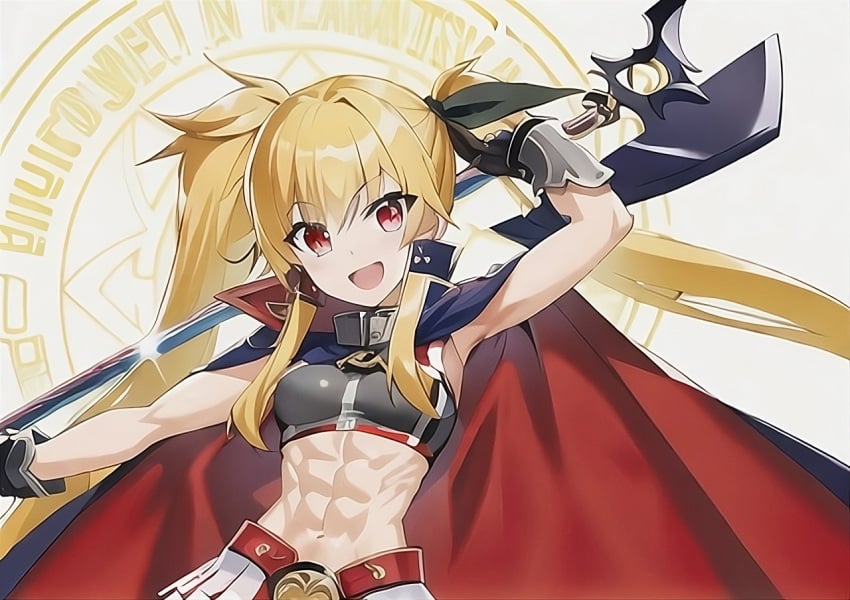 1girls abs ai_generated anime_style athletic_female bardiche blonde_hair cape crop_top fate_testarossa female happy long_hair looking_at_viewer lyrical_nanoha magic_circle magical_girl midriff navel open_smile red_eyes smile smiling smiling_at_viewer solo weapon