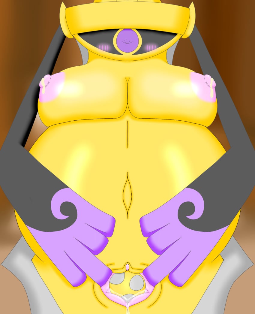 aegislash animate_inanimate belly big_belly big_breasts blush breasts clitoris closed_eye cyclops daikonryu egg egg_laying front_view hi_res humanoid metal metallic_body nipples one_eye pokémon_(species) pokemon pregnant pussy pussy_juice solo spread_pussy spreading sword