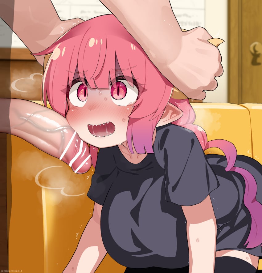 1boy ^^^ absurdres all_fours anime_style bar_censor black_shirt black_thighhighs blush breasts censored couch dragon_girl dragon_horns ear_blush erection female gloom_(expression) gradient_hair heavy_breathing highres horn_grab horns ilulu_(dragon_maid) ilulu_(maidragon) imminent_rape indoors kobayashi-san_chi_no_maidragon mixed-language_commentary mizumizuni multicolored_hair nose_blush on_couch paid_reward_available penis penis_on_face pink_eyes pink_hair pointy_ears purple_hair rape saliva sharp_teeth shirt short_sleeves slit_pupils solo_focus straight sweat tearing_up teeth thighhighs twintails variant_set veins veiny_penis yellow_horns