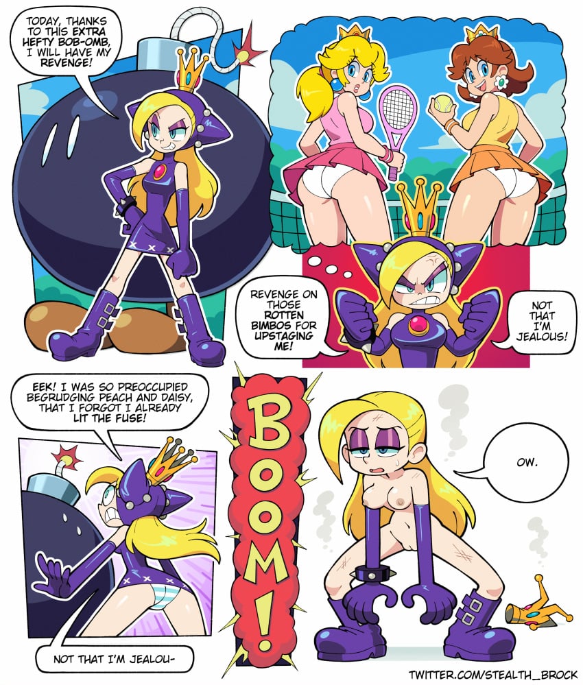 3girls big_ass big_butt bimbo bimbo_lips blonde_hair blue_eyes bob-omb breasts comic crown english_text explosion jealous mario_(series) mario_tennis miniskirt multiple_girls naked_footwear nipples nude nude_female pale-skinned_female pale_skin panties pantyshot ponytail princess_daisy princess_peach pussy short_skirt skirt speech_bubble stealth_brock striped_panties tennis_outfit tennis_racket tennis_skirt tennis_uniform text tight_pussy underskirt upskirt wapeach wardrobe_malfunction white_panties