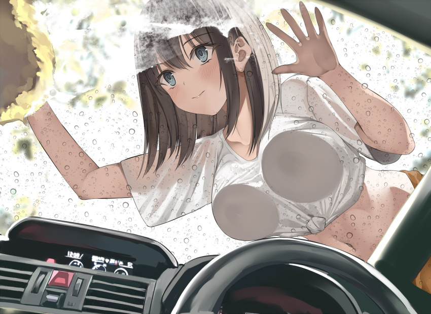 against_glass blue_eyes breast_press breasts breasts_on_glass brown_hair car car_interior car_wash car_washing cleaning covered_erect_nipples female holding holding_sponge kureha_(ironika) long_hair medium_breasts motor_vehicle on_vehicle original see-through see-through_shirt shirt smile soap_bubbles solo sponge steering_wheel tied_shirt tsubasa_(kureha) washing_vehicle white_shirt