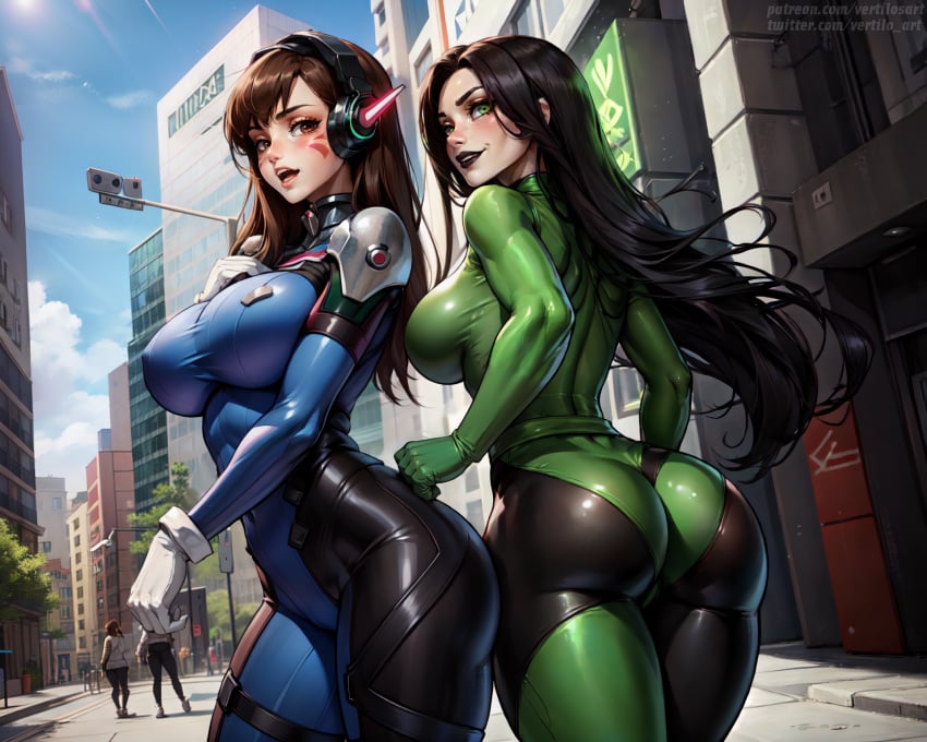 2girls ai_generated ass big_breasts black_hair black_lips blizzard_entertainment bodysuit brown_hair d.va disney disney_channel green_eyes group_picture hana_song headphones kim_possible large_breasts lipstick long_hair overwatch overwatch_2 shego standing tagme vertiloart