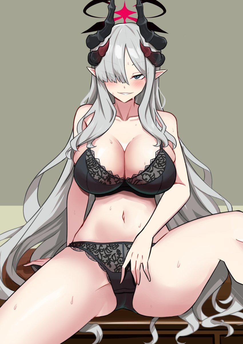 1girls bare_shoulders black_bra black_panties blue_archive blue_eyes blush bra breasts cleavage eyeliner female gehenna_academy_student grey_hair grin hair_over_one_eye halo highres horns large_breasts long_hair looking_at_viewer makeup makoto_(blue_archive) navel pandemonium_society_(blue_archive) panties pointy_ears sitting smile solo spread_legs student_council_president sweat underwear underwear_only very_long_hair yuzu_kiro