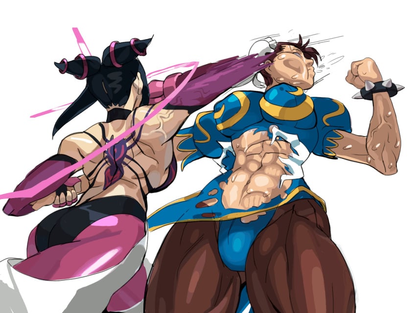 2girls abs black_hair bracelet bun_cover china_dress chinese_clothes chun-li cropped_legs face_punch hair_bun hair_horns impossible_clothes impossible_dress juri_han large_breasts muscular_female pantyhose pelvic_curtain ryona simple_background spiked_bracelet street_fighter thick_thighs torn_clothes twin_drills white_background winonar