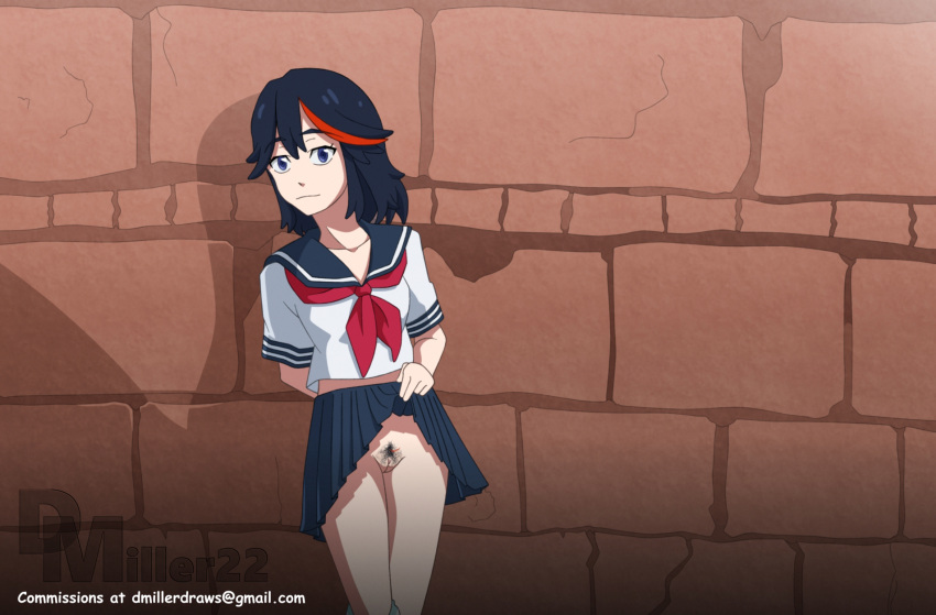 1girls black_hair dmiller22_(artist) female female_only human kill_la_kill lifted_by_self lifting_skirt matoi_ryuuko no_panties pubic_hair pussy school_uniform schoolgirl schoolgirl_uniform showing_pussy skirt_lift solo