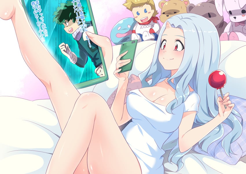 1girls aged_up animankan big_breasts breasts eri_(my_hero_academia) horn izuku_midoriya long_hair my_hero_academia nipples phone thick_thighs white_hair