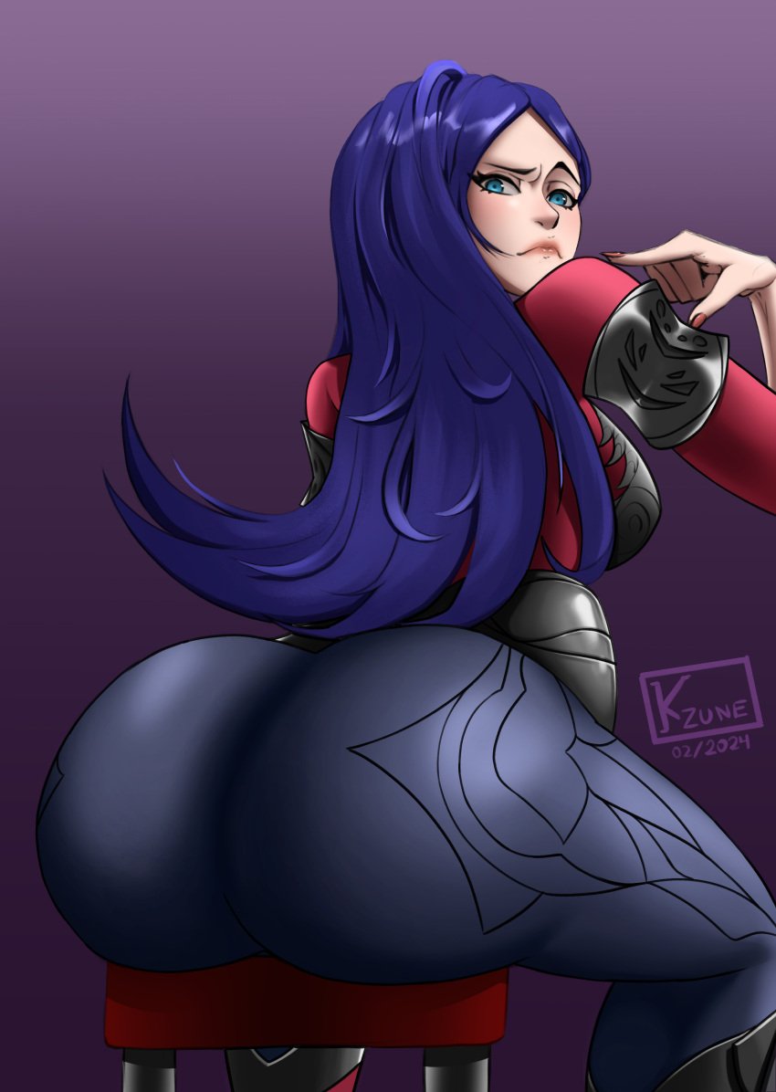 2024 2d 2d_(artwork) 2d_artwork ?_face asian asian_female ass ass ass_focus back_view backboob big_ass big_breasts big_butt big_thighs blue_eyes blue_hair butt_focus clothed clothing eyebrows_raised fat_ass fat_butt irelia_xan kzune league_of_legends league_of_legends:_wild_rift light-skinned_female light_skin round_ass round_butt