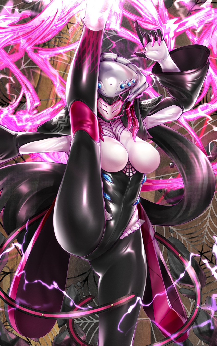 1girls athletic_female big_breasts black_hair fit_female high_kick himuro-rogue kicking leg_up nephila ohsama_sentai_king-ohger pink_nails skirt super_sentai