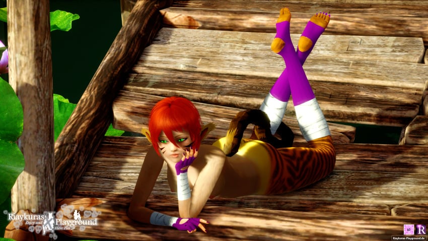 3d bandage bandaged_arm bandaged_leg bandaged_legs bandages breath_of_fire_ii capcom cat_girl catgirl face_markings feet_up female female_only furry furry_female gloves green_eyes hi_res high_resolution highres katt katt_(breath_of_fire) kick kicking laying laying_on_stomach legs_up nearly_nude only_female picture purple_gloves purple_legwear purple_socks qr_code red_hair red_hair red_hair_female riaykuras_playground rinpoo_chuan self_upload solo solo_female striped striped_fur stripes tail toeless_footwear toeless_legwear toeless_socks training wall_(structure)